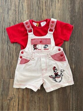 Y2K Dr Seuss Cat In The Hat Short Overalls Shortalls 2-Pc Set 2T Gingham Teatime